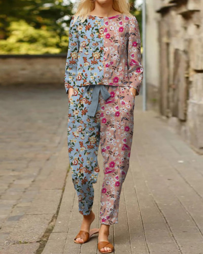 Women's Casual Contrasting Color Contrast Floral Two-Piece Suit