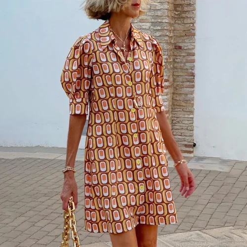 Retro Geometric Print Puffy Sleeve Mini Dress