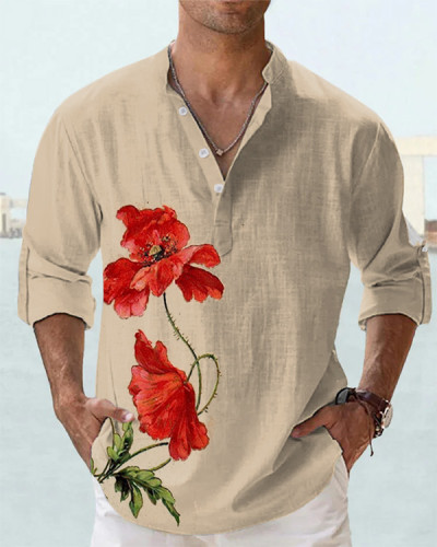Men's Stylish Poppy Floral Print Long Sleeve Shirt