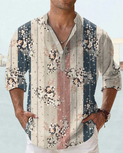 Men's Fashion Art Floral Print Long Sleeve Shirt