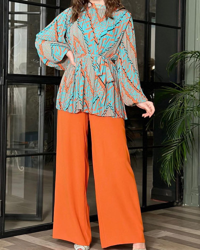 Casual Pleated Print Lace-Up Wide-Leg Pants Set