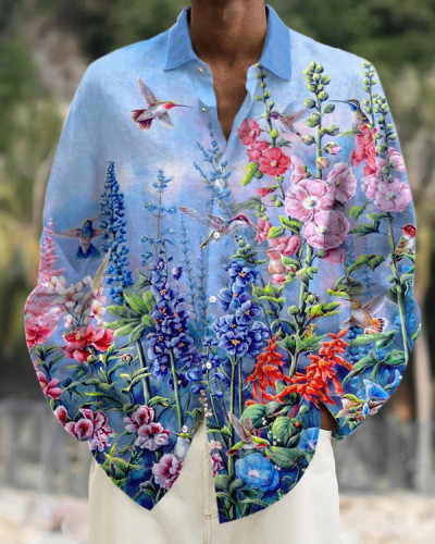 Men's Bird Floral Long Sleeve Casual Shirt