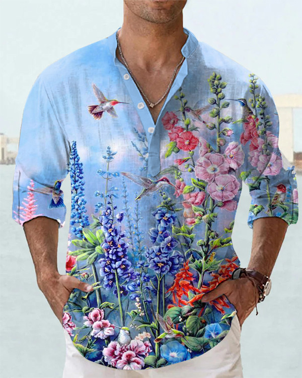 Men's Fashion Bird Floral Long Sleeve Casual Shirt