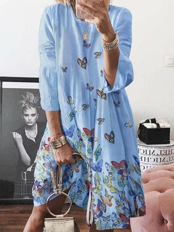 Women's Butterfly Printed Round Neck Linen Dress