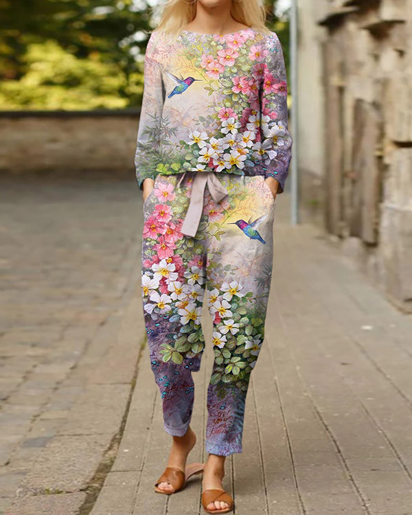 Casual Fashion Bird Floral Oversized Crew Neck Two-Piece Suit