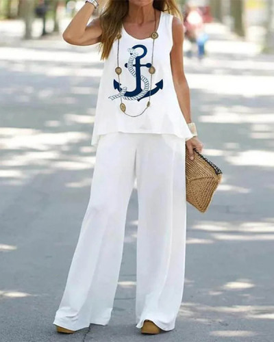 Casual Anchor Loose Crew Collar Two-Piece Set