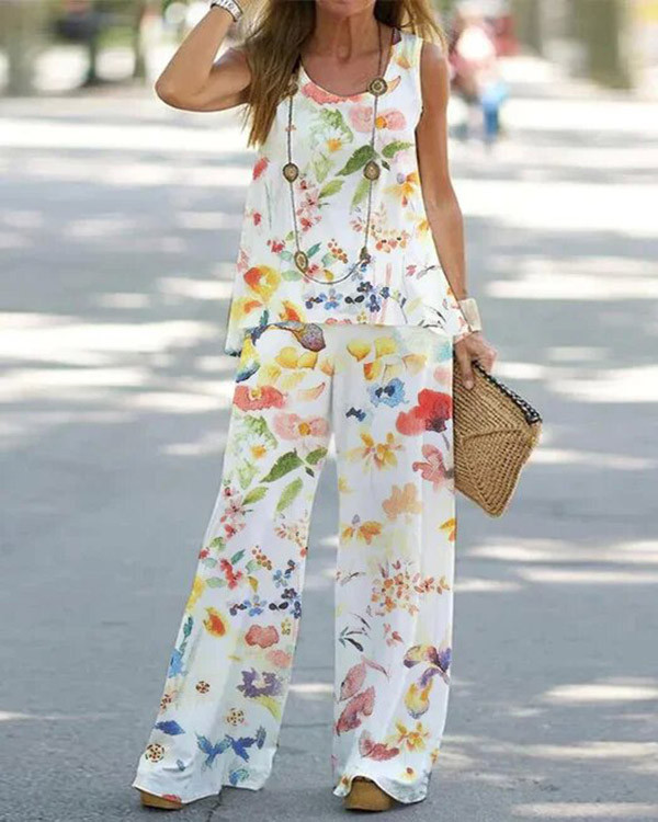 Relaxed Floral Loose Crew Neck Two-Piece Set