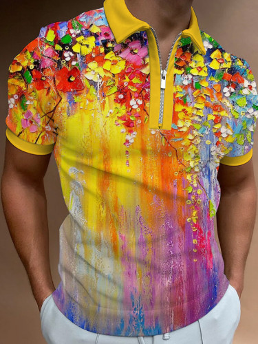 Casual Artistic Floral Print Short Sleeve Polo Shirt