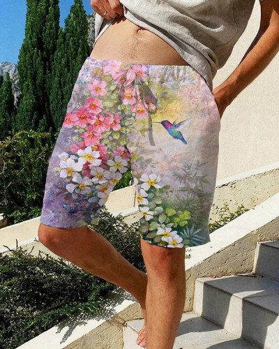 Men's Bird and Floral Pattern Casual Board Shorts