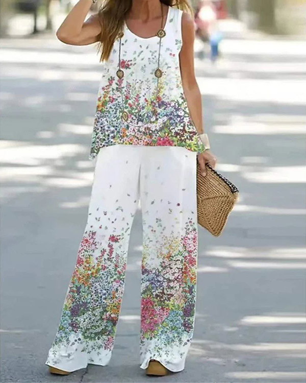 Relaxed Floral Loose Crew Neck Two-Piece Set