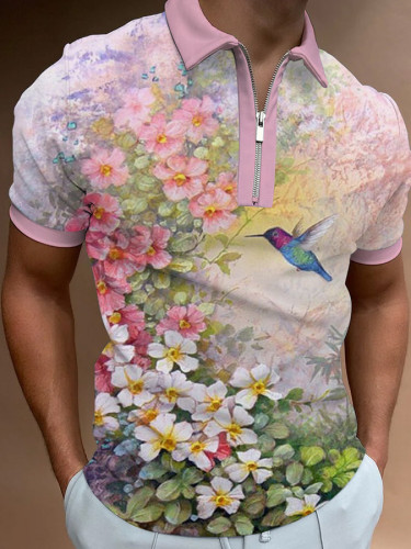 Casual Bird Floral Print Short Sleeve Polo Shirt