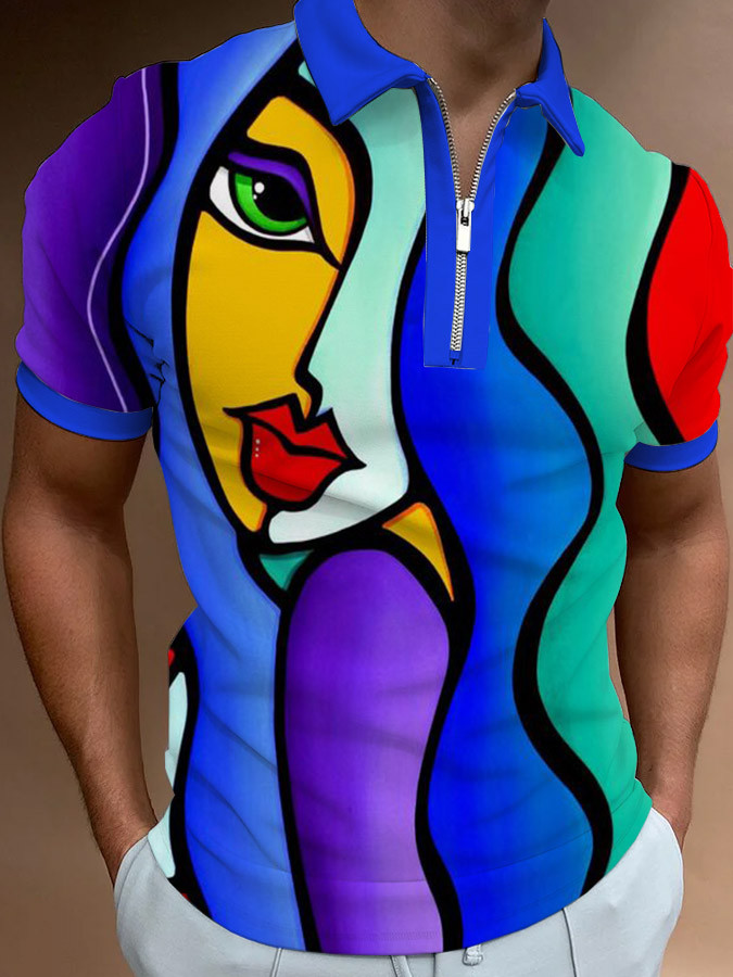 Casual Abstract Portrait Print Short Sleeve Polo Shirt