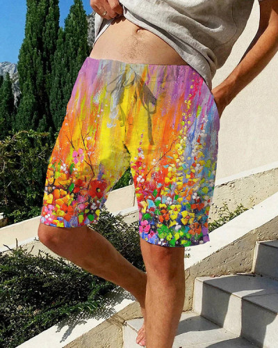 Men's Oil Painting Floral Pattern Casual Beach Shorts