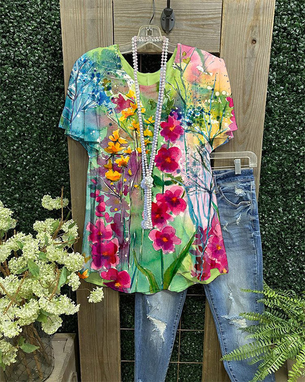 Relaxed Floral Short-sleeved Cotton-blend Top