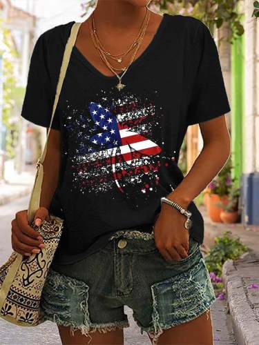 Women's Dragonfly American Flag Print V-Neck T-Shirt