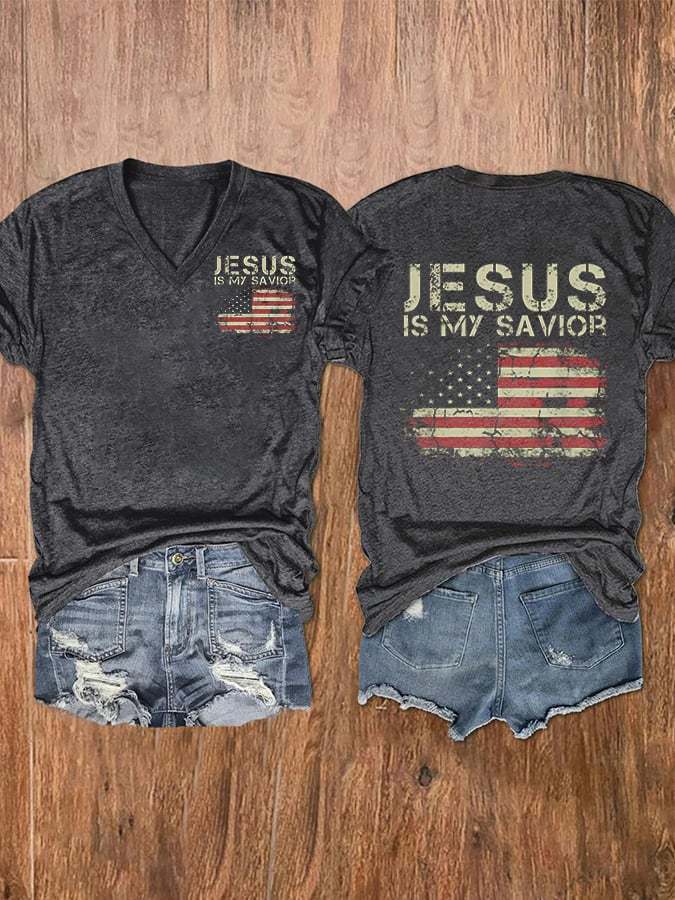 Jesus Is My Savior Print V-Neck T-Shirt