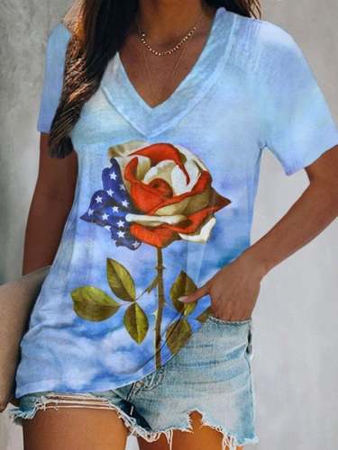V-Neck Rose Print T-Shirt