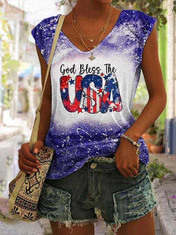 Women's God Bless The USA Tie-Dye Print V-Neck Sleeveless T-Shirt