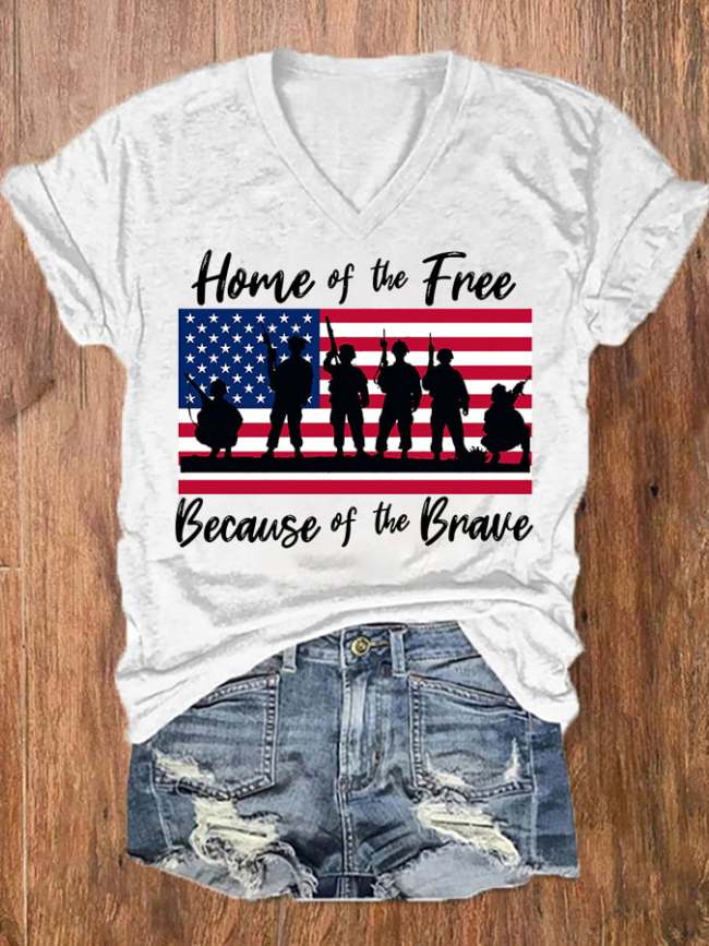 Women's Home Of The Free Because Of The Brave Memorial Day 4th Of July V-Neck Tee