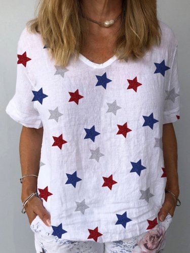 Women's Cotton STARS Linen Loose Casual T-Shirt