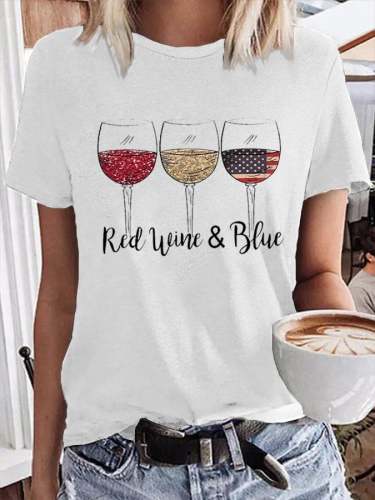 Women's Red Wine Blue Wine Glass Flag Print T-Shirt