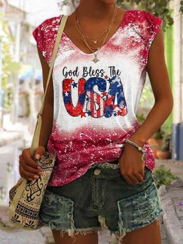 Women's God Bless The USA Tie-Dye Print V-Neck Sleeveless T-Shirt
