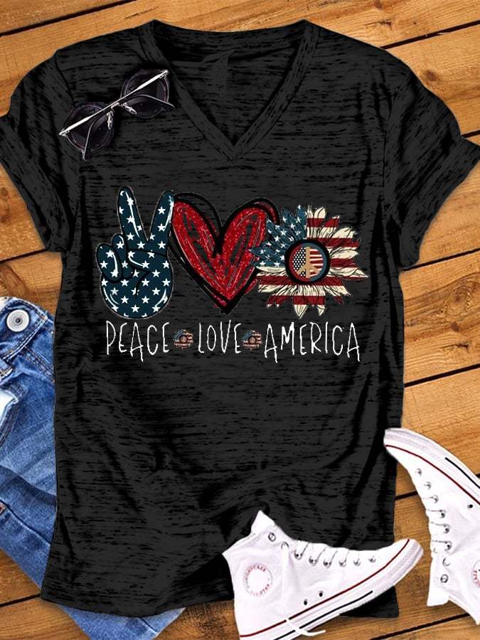 Women's V-neck PEACE LOVE AMERICAN Flag Printed Short Sleeve T-shirt