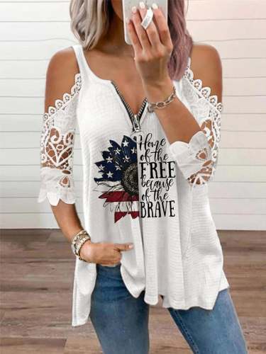 Stylish Zip V-Neck Panel Lace Short Sleeve Top