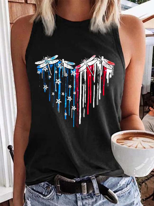 Women's Dragonfly American Flag Heart Print Tank Top