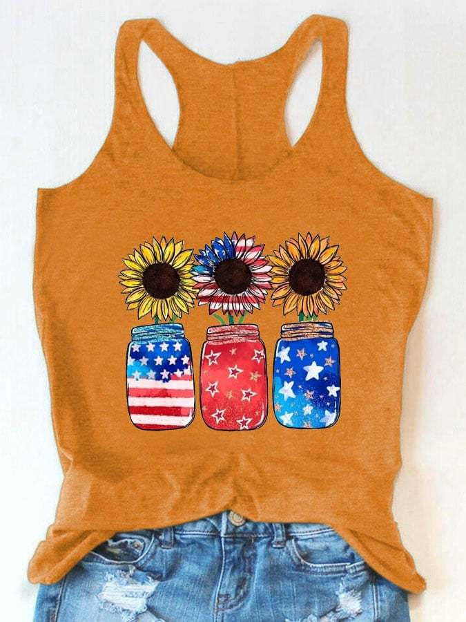 Women'S Stars and Stripes Sunflower Slogan Print Tank Top