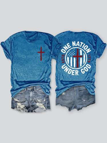 V-neck One Nation Under God Flag Print T-Shirt