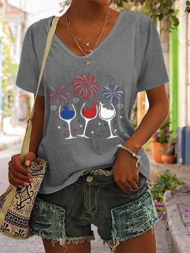 Stylish Wine Glass Fireworks Print Short Sleeve T-Shirt