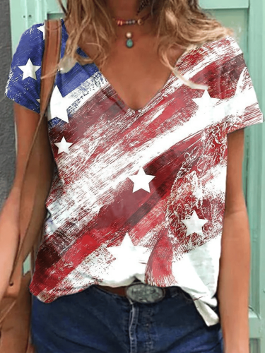 Women's Flag Print V-Necked T-Shirt