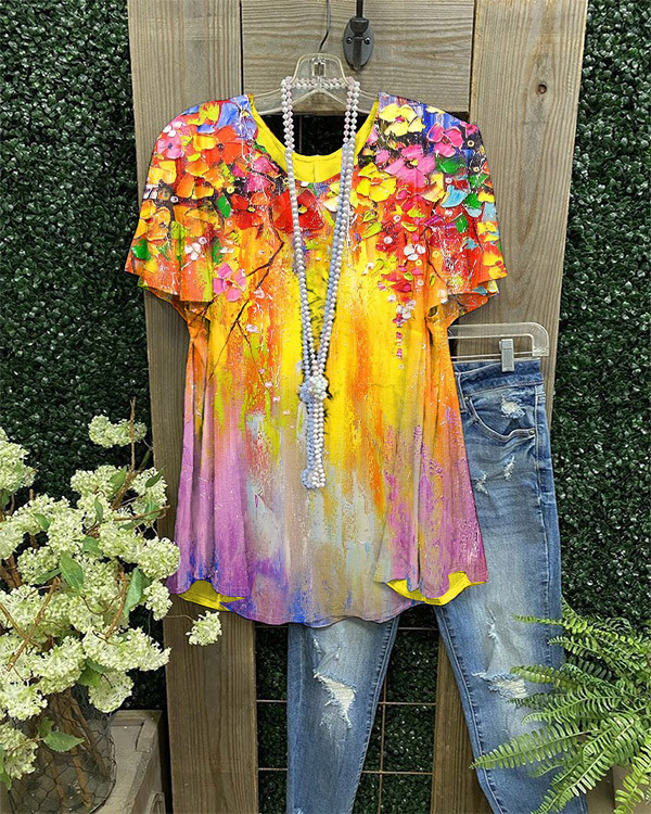 Casual Floral  Short Sleeve Cotton Blend Top