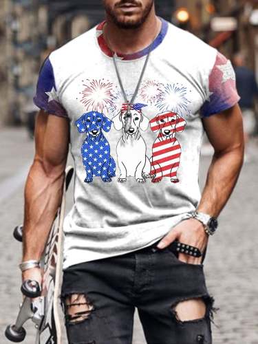 Men's American Firework Dachshund Print Short Sleeve T-Shirt