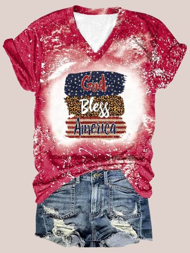 Women's God Bless The America Tie-Dye Print V-Neck Short Sleeve T-Shirt