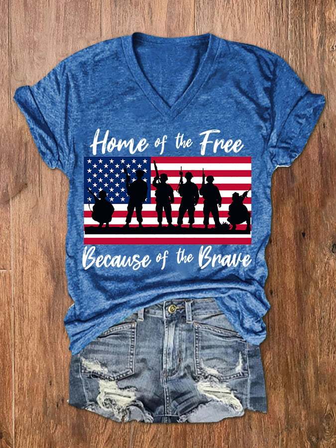 Women's Home Of The Free Because Of The Brave Memorial Day 4th Of July V-Neck Tee