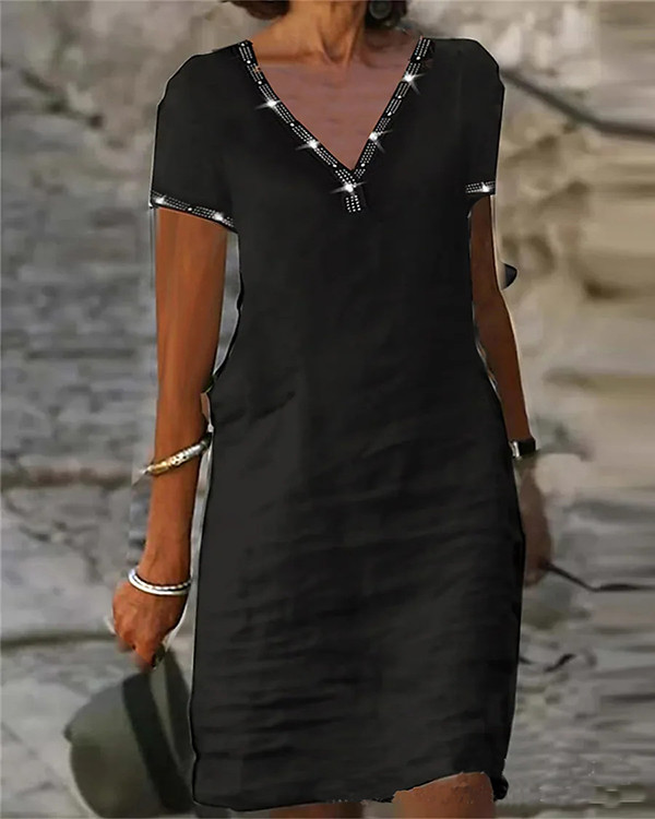 Elegant Collage V-neck Sequined Short-sleeved Solid Color Mini Dress