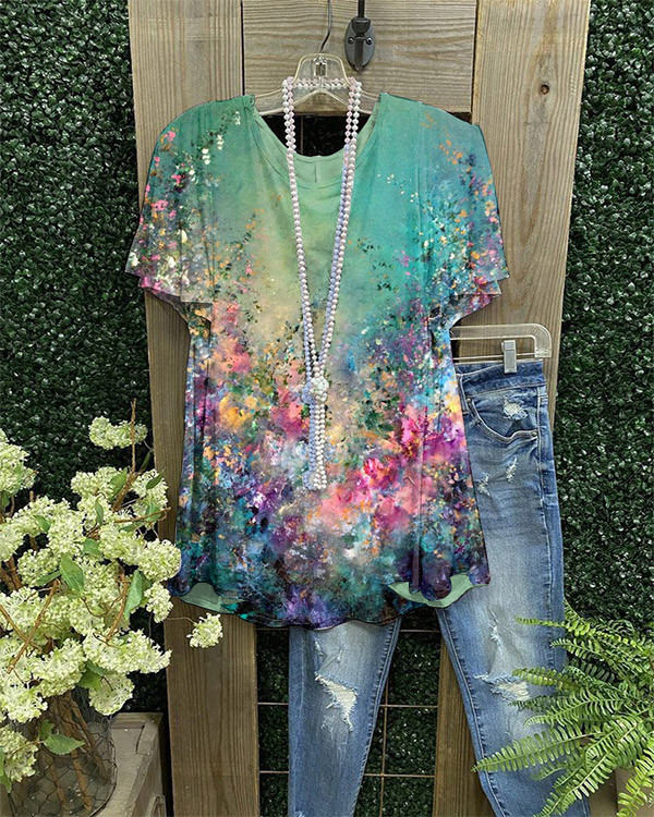 Casual Floral  Short Sleeve Cotton Blend Top