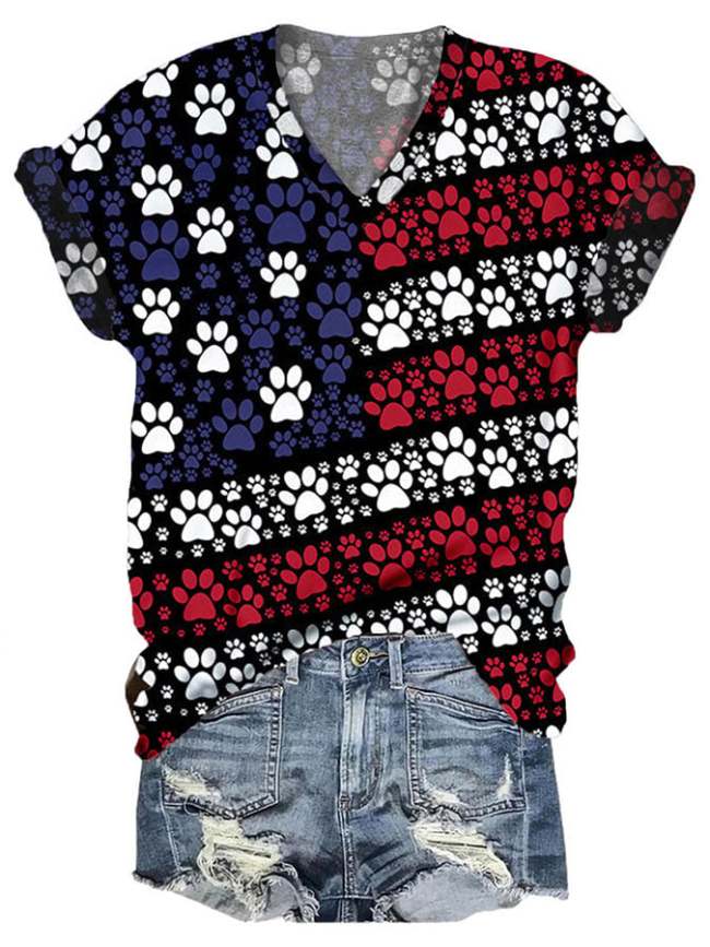 Women's Independence Day Dog Paw Flag Print V Neck Casual T-Shirt