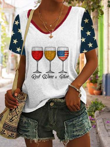 Women's Red Wine And Blue Print V-Neck T-Shirt