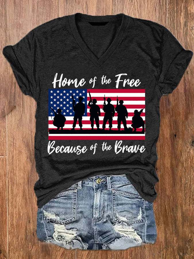 Women's Home Of The Free Because Of The Brave Memorial Day 4th Of July V-Neck Tee