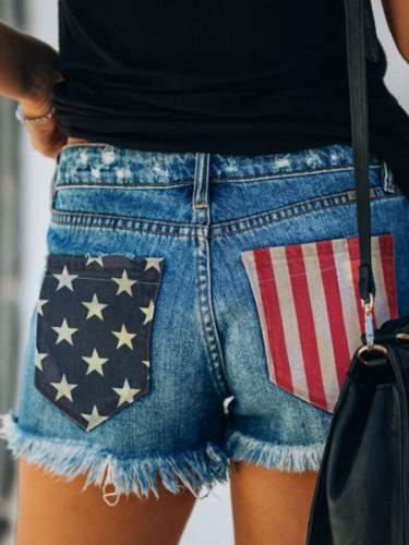 Denim Shredded Print Shorts