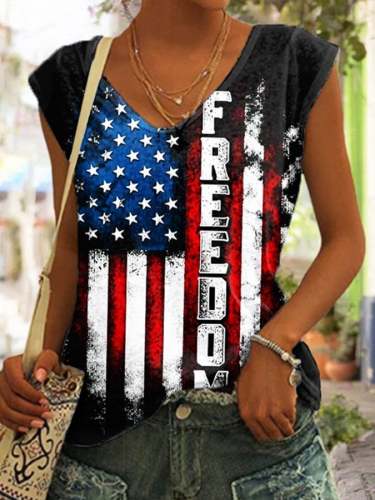 Women's FREEDOM Flag Print V-Neck T-Shirt