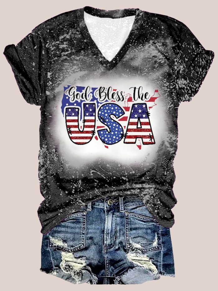 Women's God Bless The USA Tie Dye Print V-Neck Short Sleeve T-Shirt