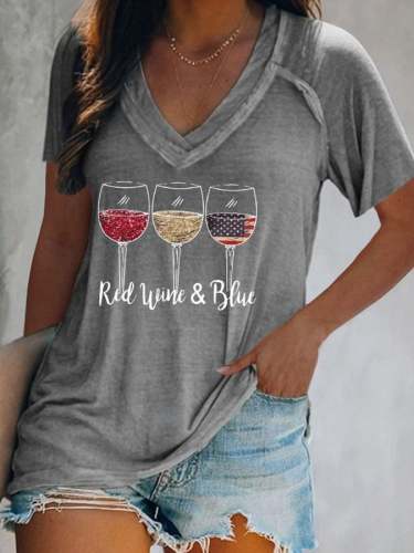 Red Wine&Blue Print Loose T-Shirt