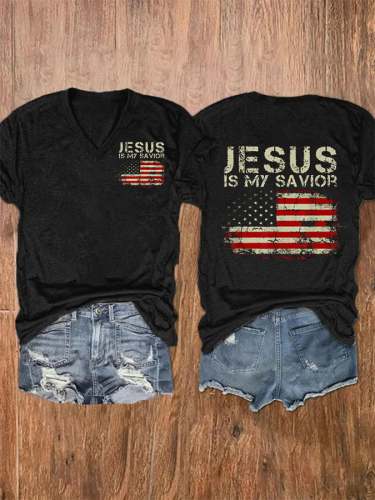 Jesus Is My Savior Print V-Neck T-Shirt