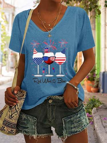 Women's  Red White And Blue Wine Drinking 4th Of July Independence Day Gift Digital T-Shirt