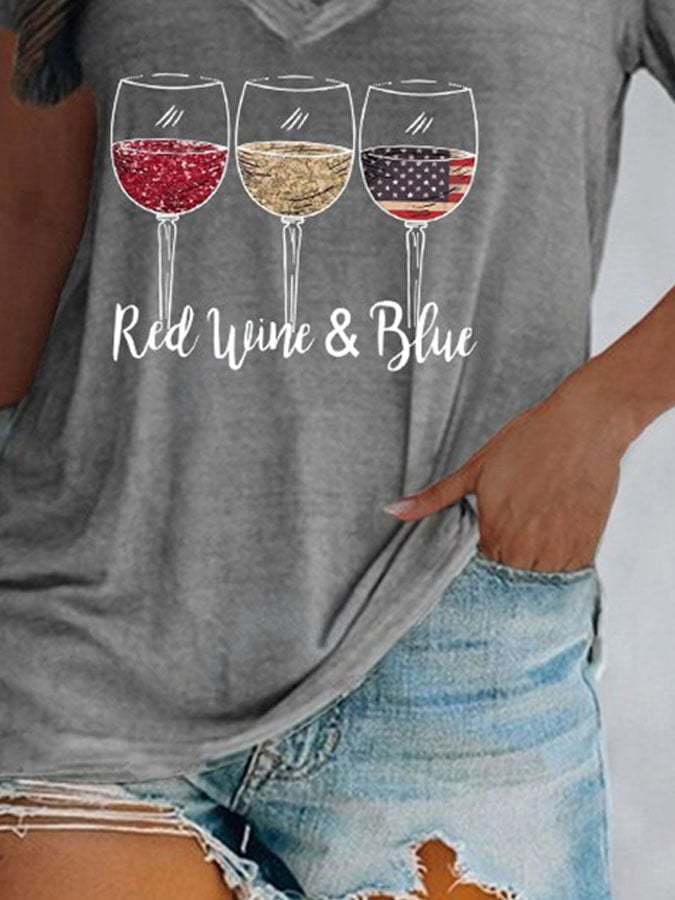 Red Wine&Blue Print Loose T-Shirt