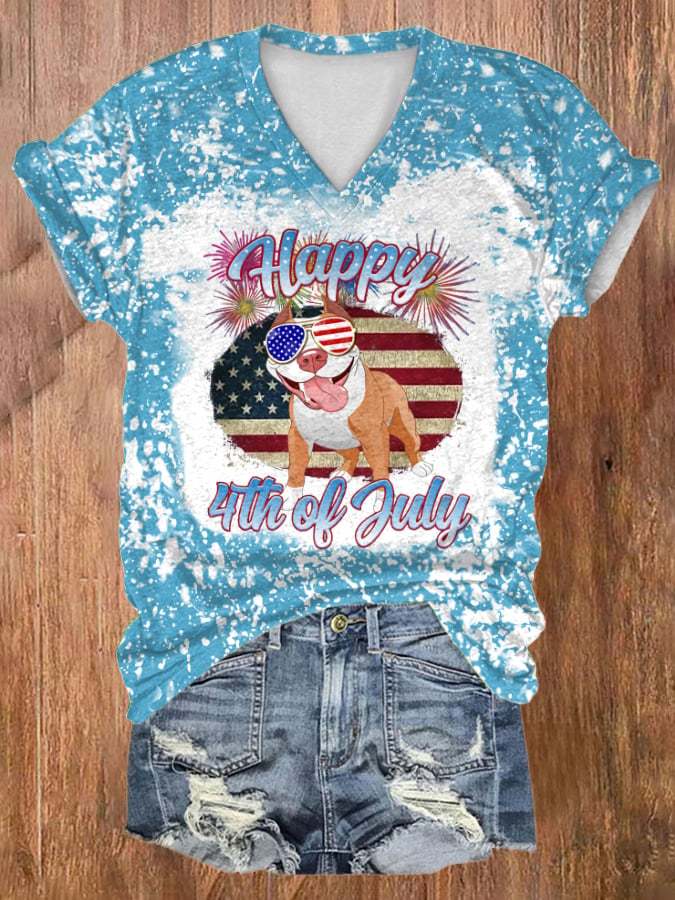 Women'S Happy 4th of July Pitbull Dog Print V-Neck Short-Sleeved T-Shirt